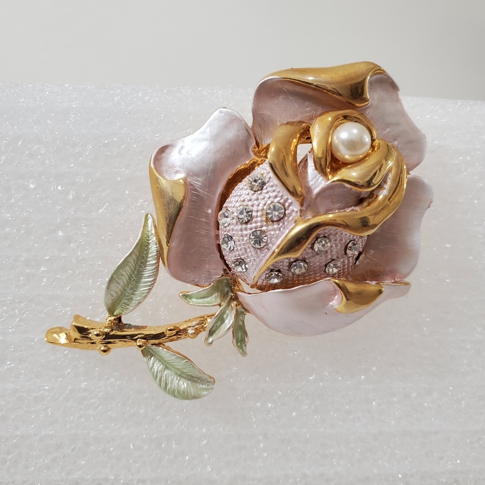 Pink Rose Brooch Faux Pearl Gold Tone Stem